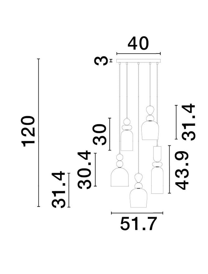 MUR Sandy Gold Metal Glossy Light & Dark Green Blue Grey Pink Orange & Blue Glass 5 Lamp Multi Pendant - ID 12516