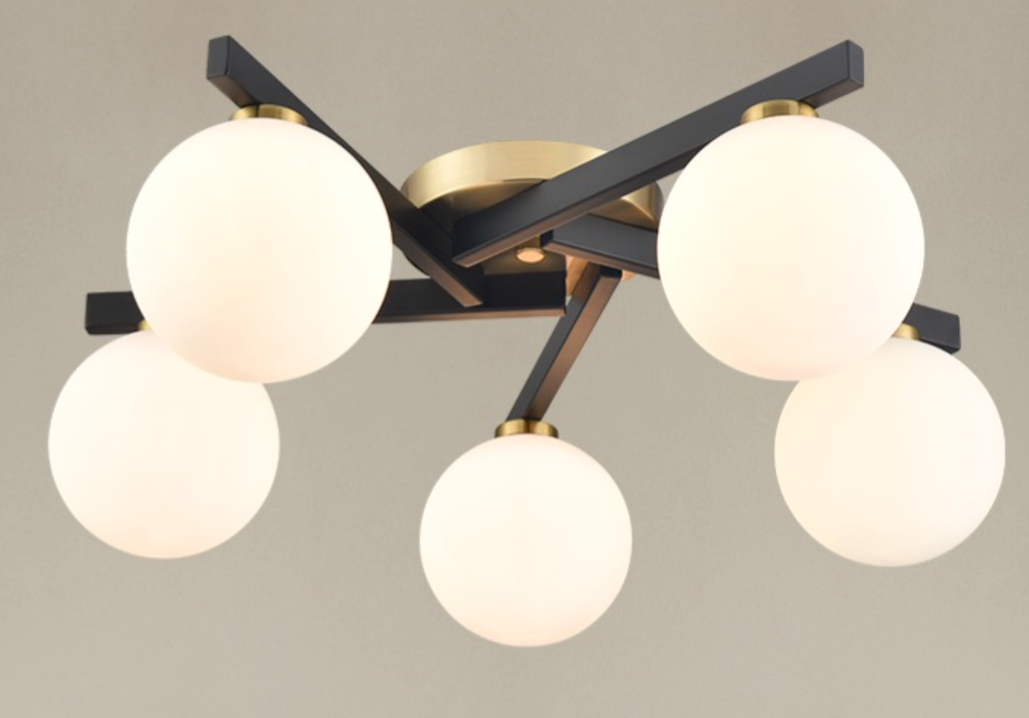 5 Light Flush, Matt Black & Aged Brass, Opal Glass - 13150