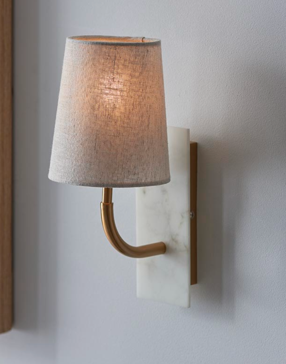MBL Brass & Marble Wall Light With Tapered Linen Shade - ID 13524