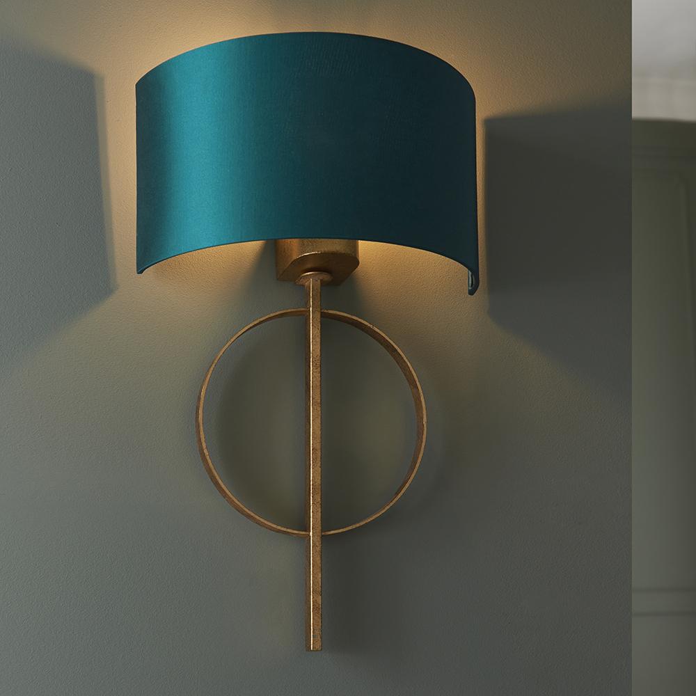 Hoop Detail Wall Light In Gold Leaf With Teal Satin Fabric - ID 11187