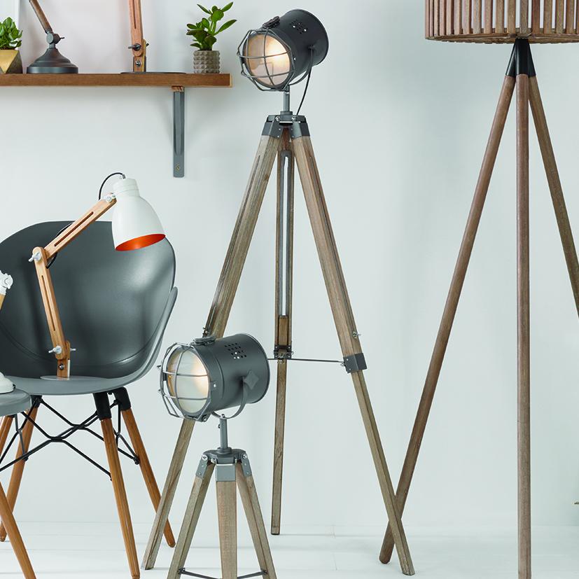 Grey Metal & Antique Wood Tripod Marine Floor Lamp - ID 9837