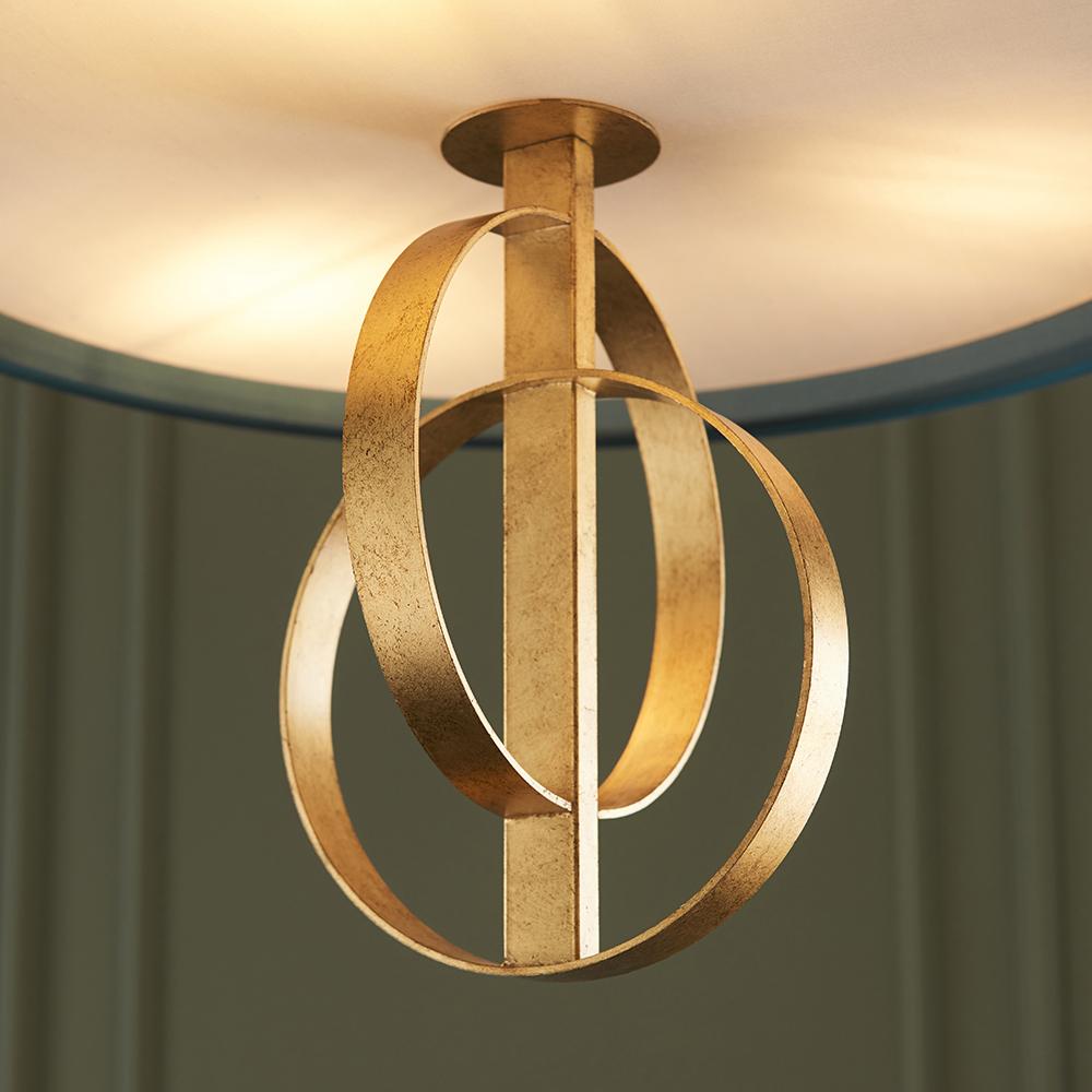 Hoop Detail Medium Three Light Pendant In Gold Leaf With Teal Satin Fabric - ID 11185