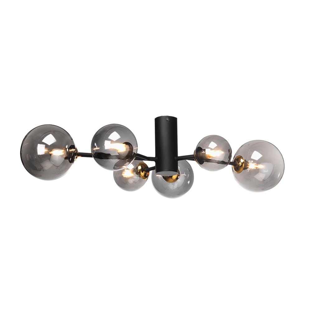 Fitzroy 6 Light Black & Gold Ceiling Light With Smoked Globes - 9441