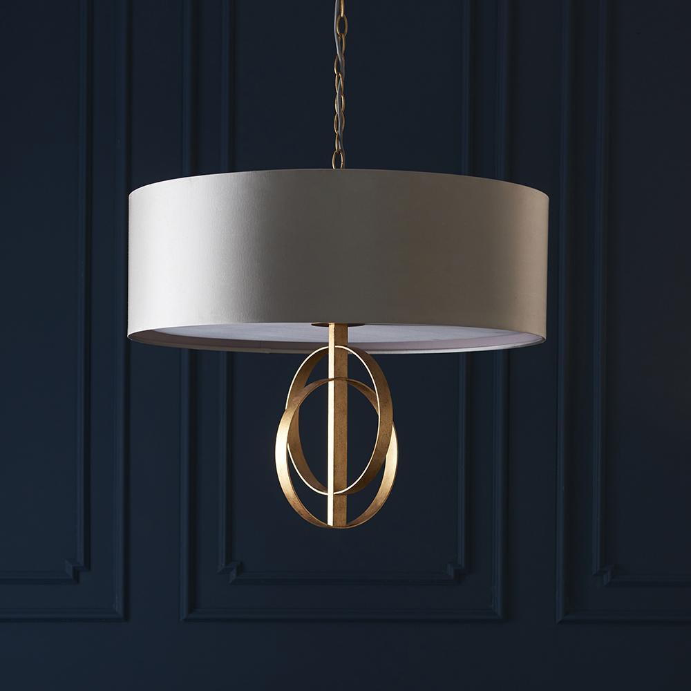 Hoop Detail Large Five Light Pendant In Gold Leaf With Mink Satin Fabric - ID 11179