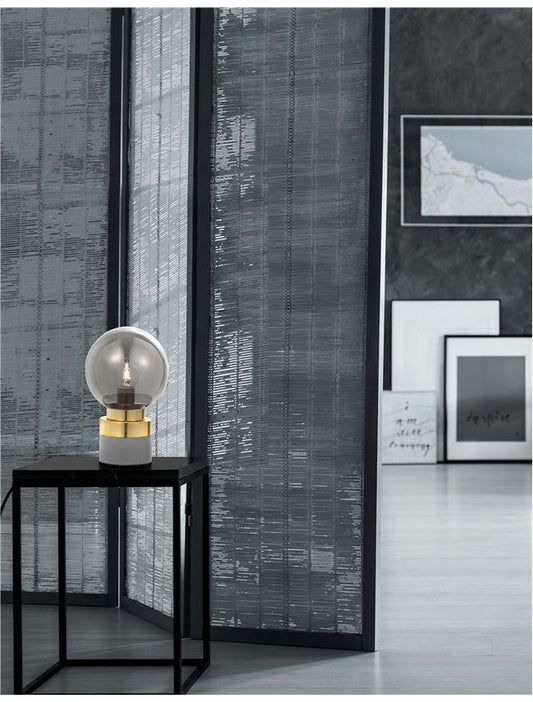 Smoked Grey Glass & Brass Globe Table Lamp - ID 8623