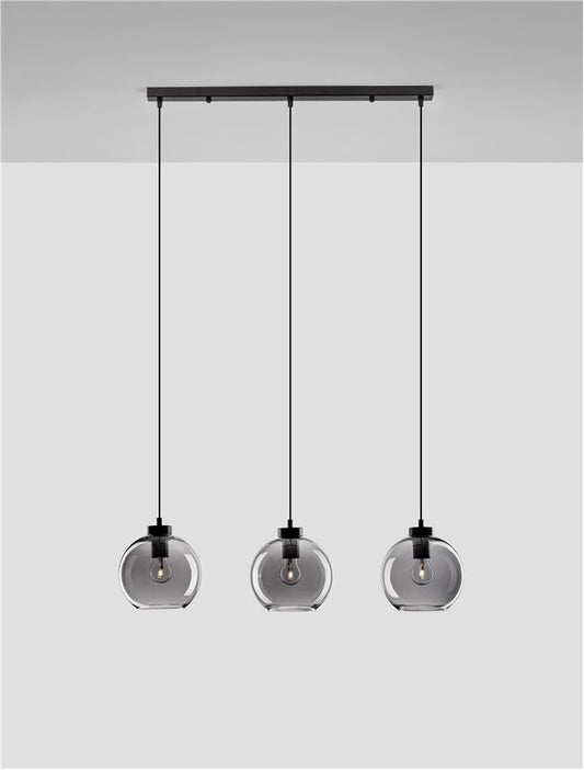 PAL Smoked Glass & Black Metal Linear 3 Lamp Bar Pendant - ID 11834