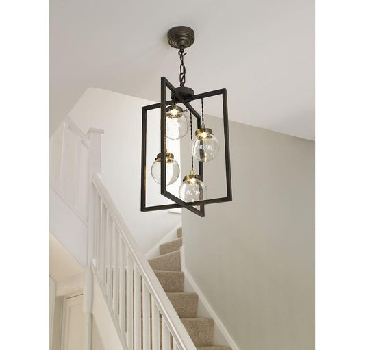 Chiswick Antique Brass 4 Globe Rectangular Frame Lantern Pendant - ID 6960