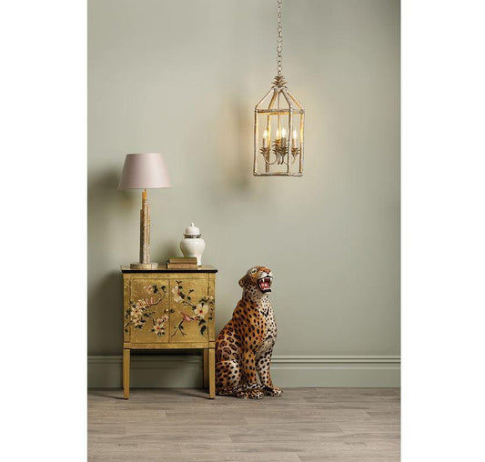 Pagoda Crackle Gold/Cream Bamboo Table Light with Light Grey/White Satin Shade - ID 10178