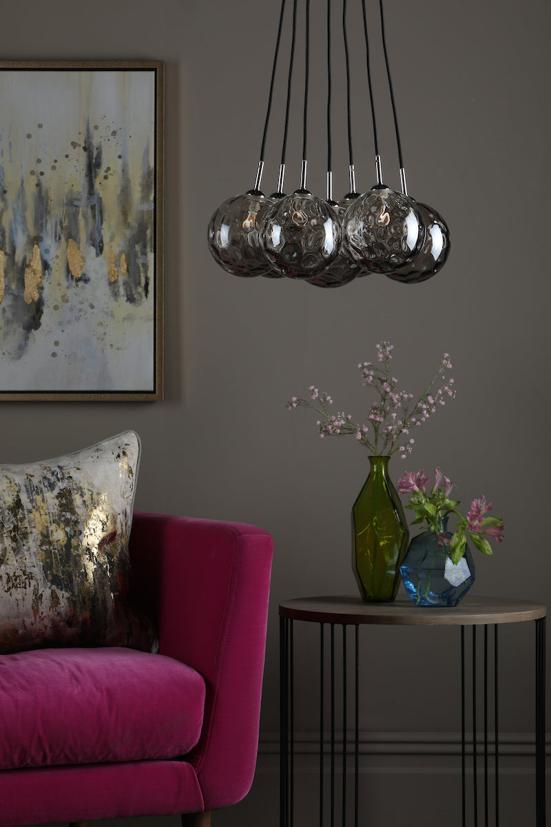 DIMPLE 7 Light Cluster Pendant In Polished Chrome With Smoked Dimpled Glass - ID 12200