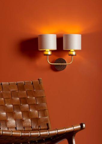 Hunter Brass & Brown Double Wall Light With Limestone & Gold Linen Shades (Shade Colour Options Available) - ID 10275