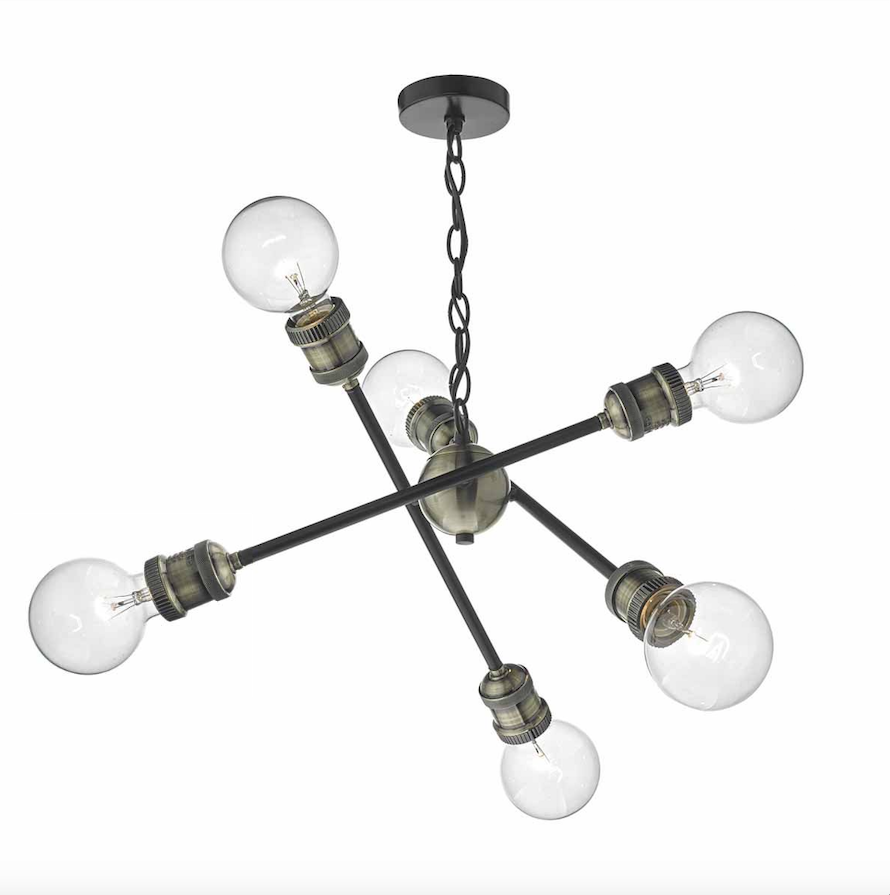 6 Light Ceiling Light In Black & Antique Brass - ID 6798