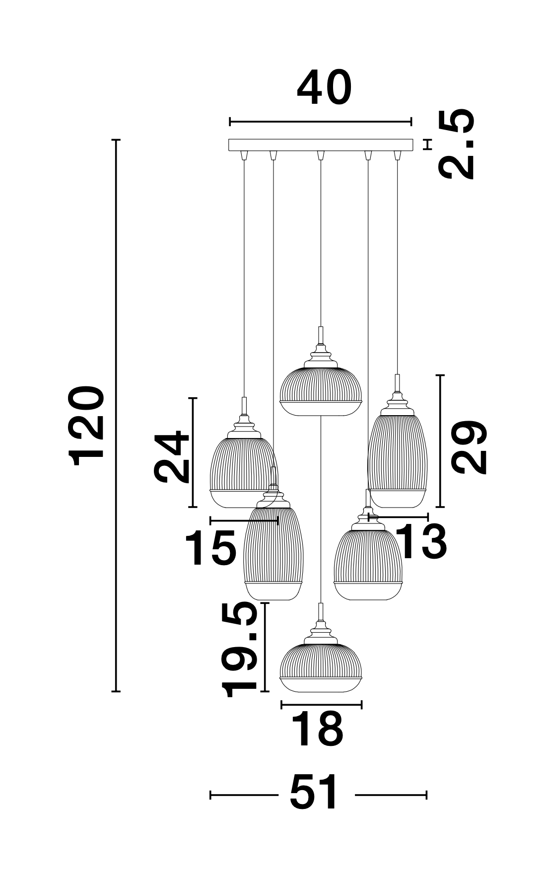 MON Clear Lined Enclosed Glass & Gold Metal 6 Light Multi Pendant - ID 10029