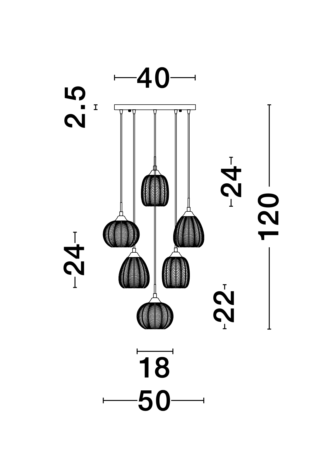 VAR Clear Waved Glass & Satin Gold Metal 5 Light Multi Pendant - ID 10032