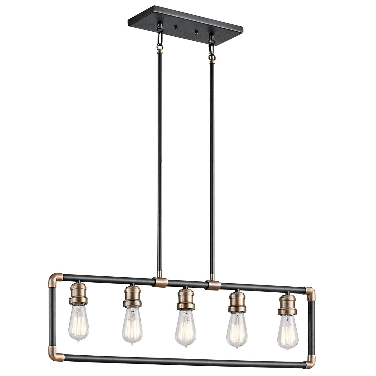 Five Light Black and Brass Linear Chandelier