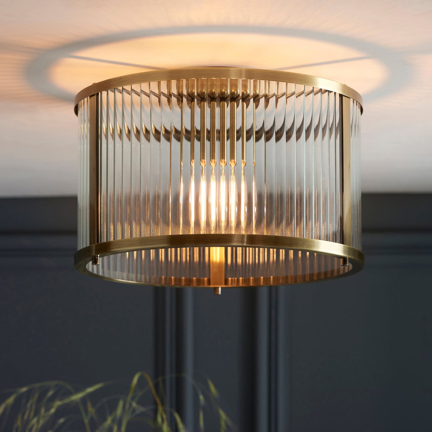 Antique Brass Semi-Flush with Clear Ribbed Glass Panels - ID 13505