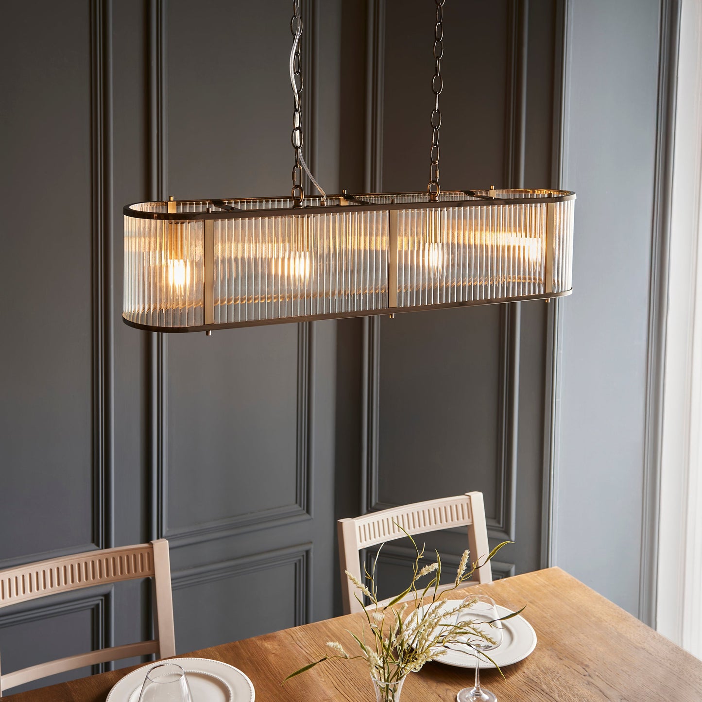 Antique Brass Linear Pendant with Clear Ribbed Glass Panels - ID 13499