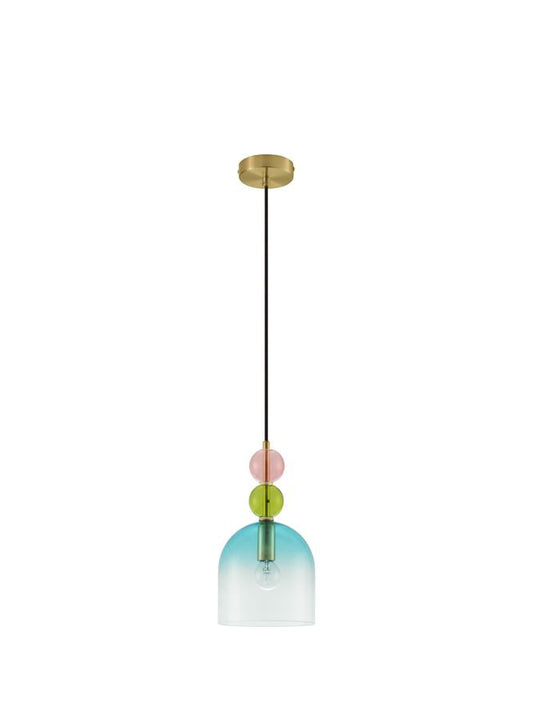 MUR Sandy Gold Metal Glossy Light Green Blue & Pink Glass Single Pendant - ID 12515