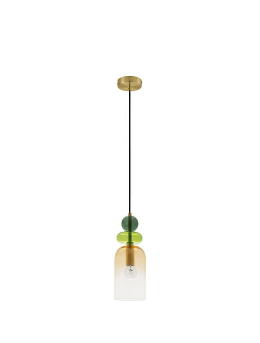MUR Sandy Gold Metal Glossy Light & Dark Green & Orange Glass Single Pendant - ID 12514