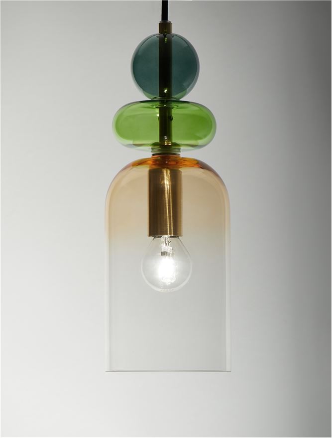 MUR Sandy Gold Metal Glossy Light & Dark Green & Orange Glass Single Pendant - ID 12514