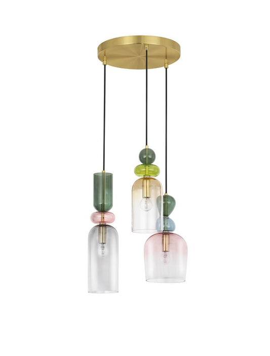 MUR Sandy Gold Metal Glossy Light & Dark Green Blue Grey Pink & Orange Glass 3 Lamp Multi Pendant - ID 12517