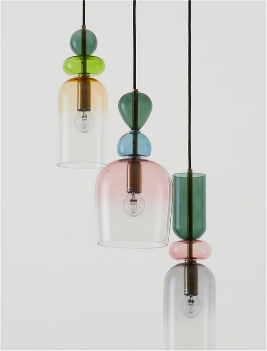 MUR Sandy Gold Metal Glossy Light & Dark Green Blue Grey Pink & Orange Glass 3 Lamp Multi Pendant - ID 12517