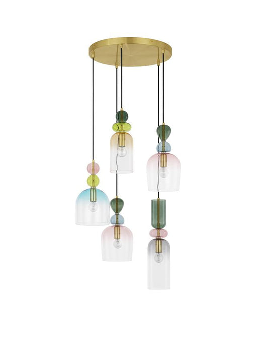 MUR Sandy Gold Metal Glossy Light & Dark Green Blue Grey Pink Orange & Blue Glass 5 Lamp Multi Pendant - ID 12516