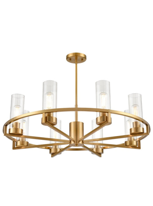 CAM Aged Brass & Ribbed Cylindrical Glass 8 Light Wheel Pendant - ID 13226