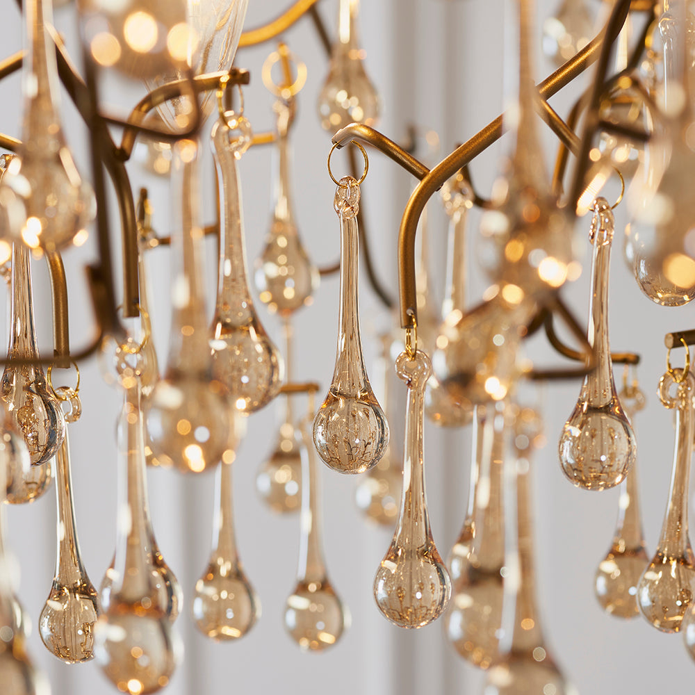 Linear Champagne Lustre Glass Teardrop Chandelier With Aged Gold Metalwork - ID 104242