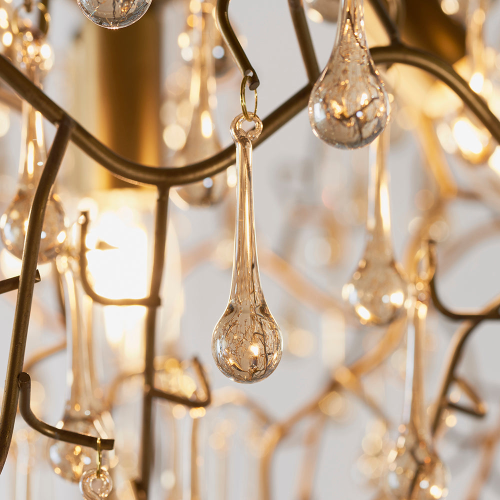 Linear Champagne Lustre Glass Teardrop Chandelier With Aged Gold Metalwork - ID 104242