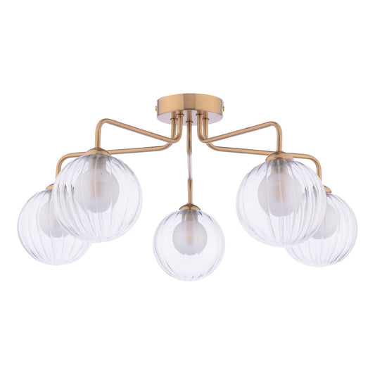 FEY 5 Light Antique Bronze Semi-Flush with Ribbed Clear Glass and Opal Inner - ID 13452