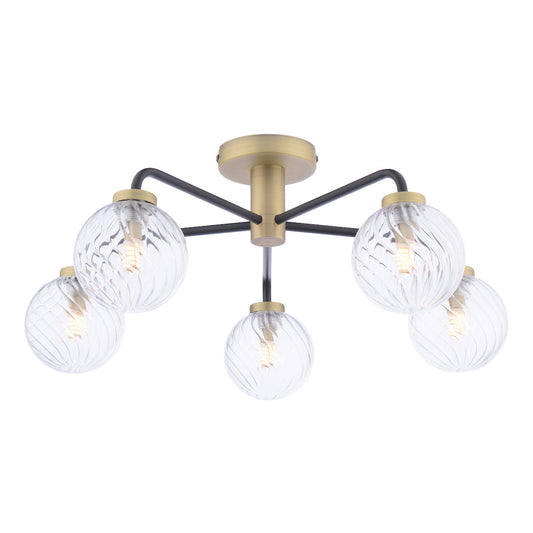 LAI 5 Matt black & Antique Brass Semi-Flush with Twisted Clear Orbs - ID 13457