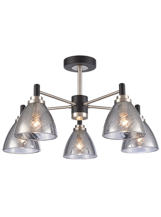 MET Matt Black & Satin Nickel 5 Light Semi-Flush With Smoked Glass - ID 13291