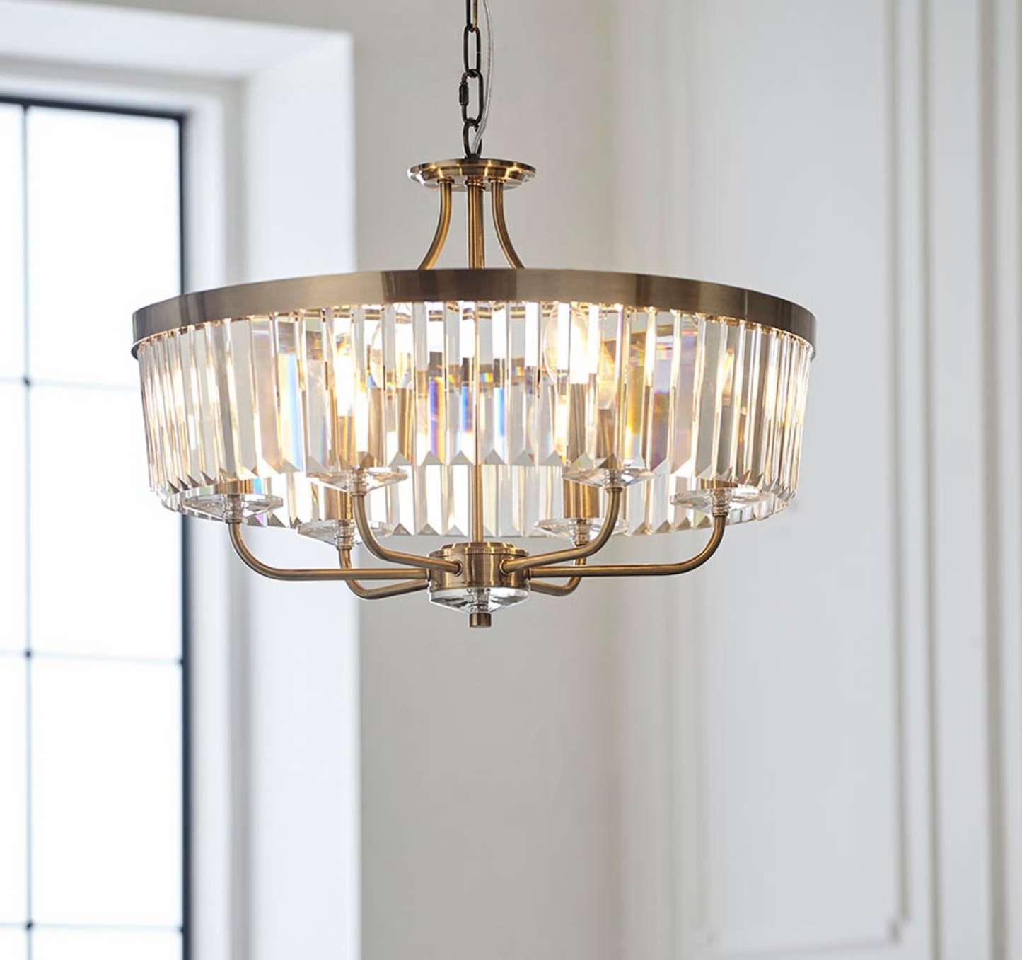 Round Antique Chandelier, Brass And Clear Cut Glass - ID 12518