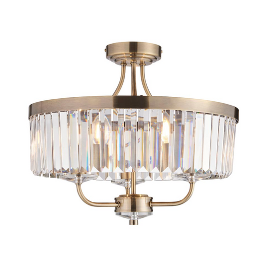 Round Antique Semi-Flush Chandelier, Brass And Clear Cut Glass - ID 12519