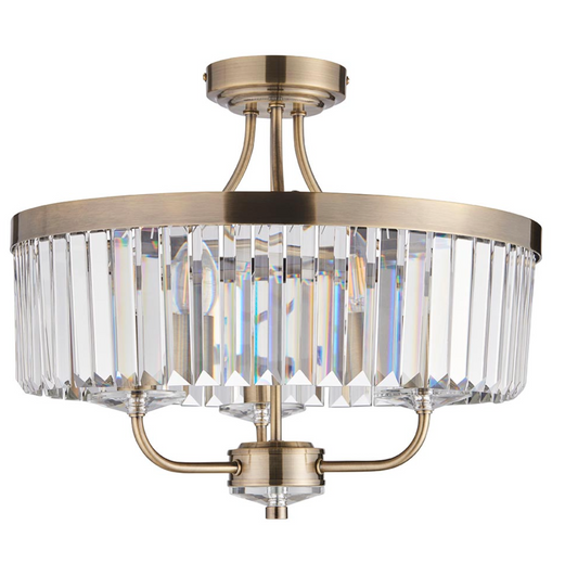 Round Antique Semi-Flush Chandelier, Brass And Clear Cut Glass - ID 12519