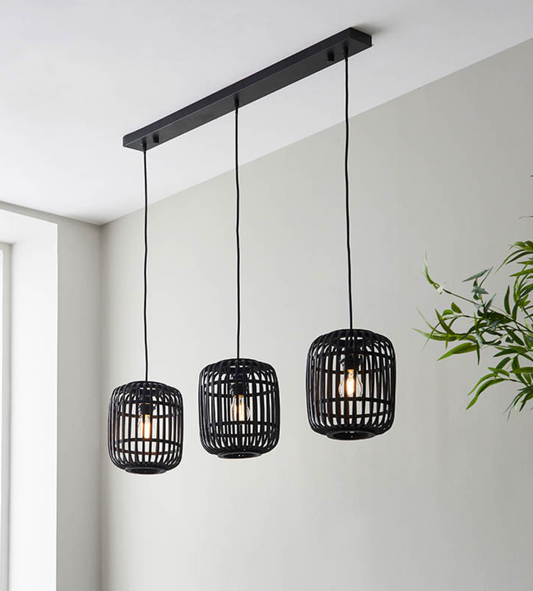 Bamboo Weave 3lt Linear Pendant in Matt Black - ID 12622