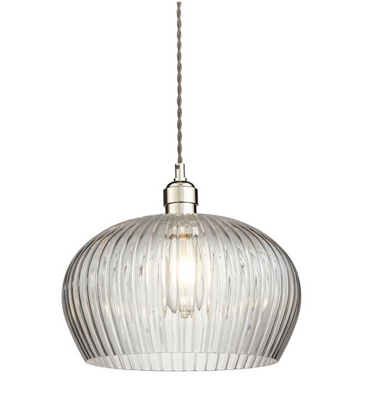 Ribbed Glass & Bright Nickel Medium Pendant - ID 12970