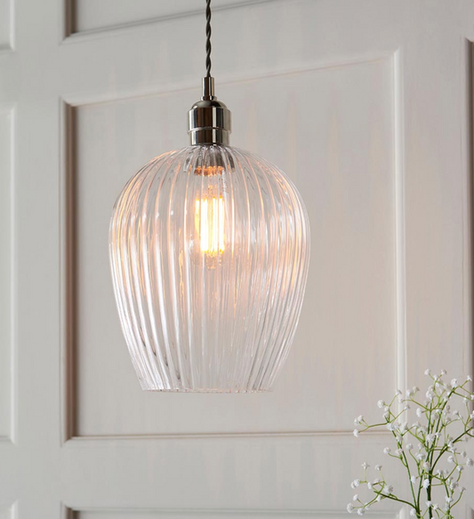 Ribbed Glass & Bright Nickel Small Pendant - ID 12972