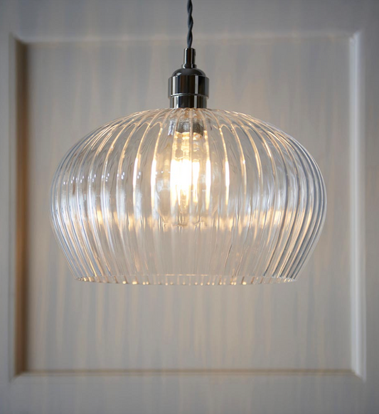 Ribbed Glass & Bright Nickel Medium Pendant - ID 12970