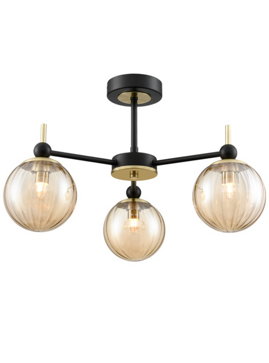 SOL Satin Brass & Ribbed Amber Glass 3 Light Semi-Flush - ID 13261