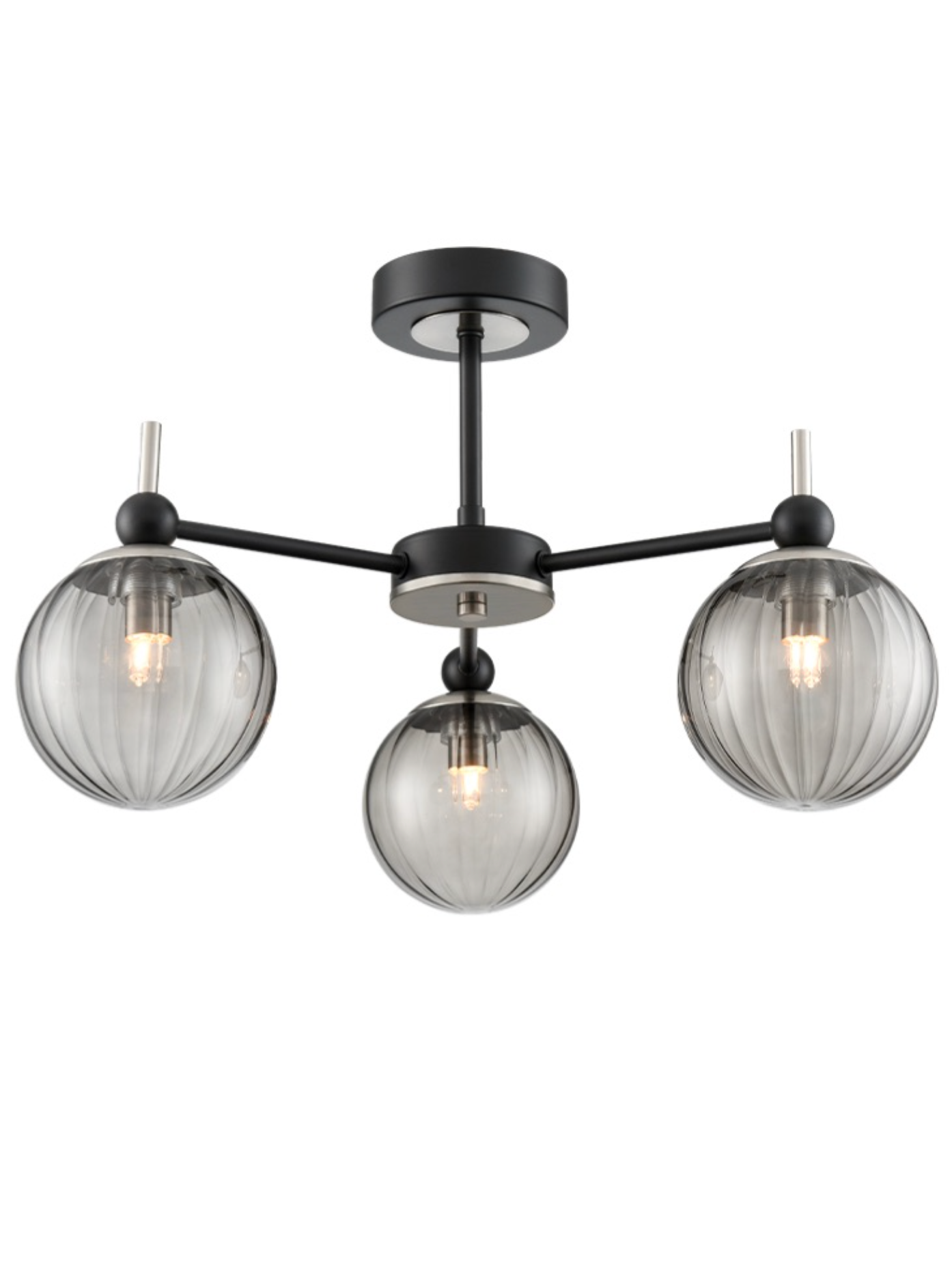 SOL Satin Nickel & Ribbed Smoked Glass 3 Light Semi-Flush - ID 13264