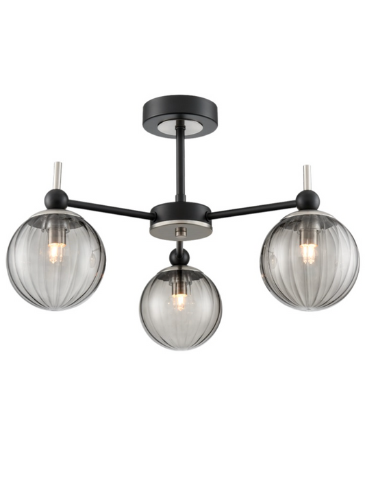 SOL Satin Nickel & Ribbed Smoked Glass 3 Light Semi-Flush - ID 13264