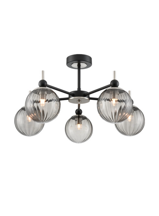 SOL Satin Nickel & Ribbed Smoked Glass 5 Light Semi-Flush - ID 13265