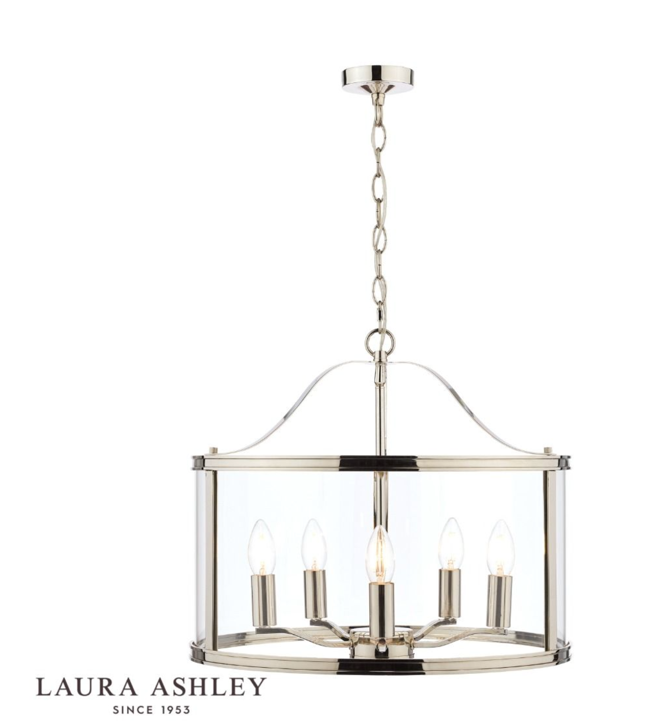 Laura Ashley - Harrington 5lt Pendant, Polished Nickel, Glass - ID 13474