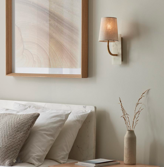 MBL Brass & Marble Wall Light With Tapered Linen Shade - ID 13524