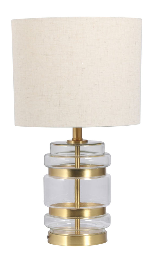 HAR Satin Brass & Glass Table Lamp with Cream Linen Shade - ID 13327