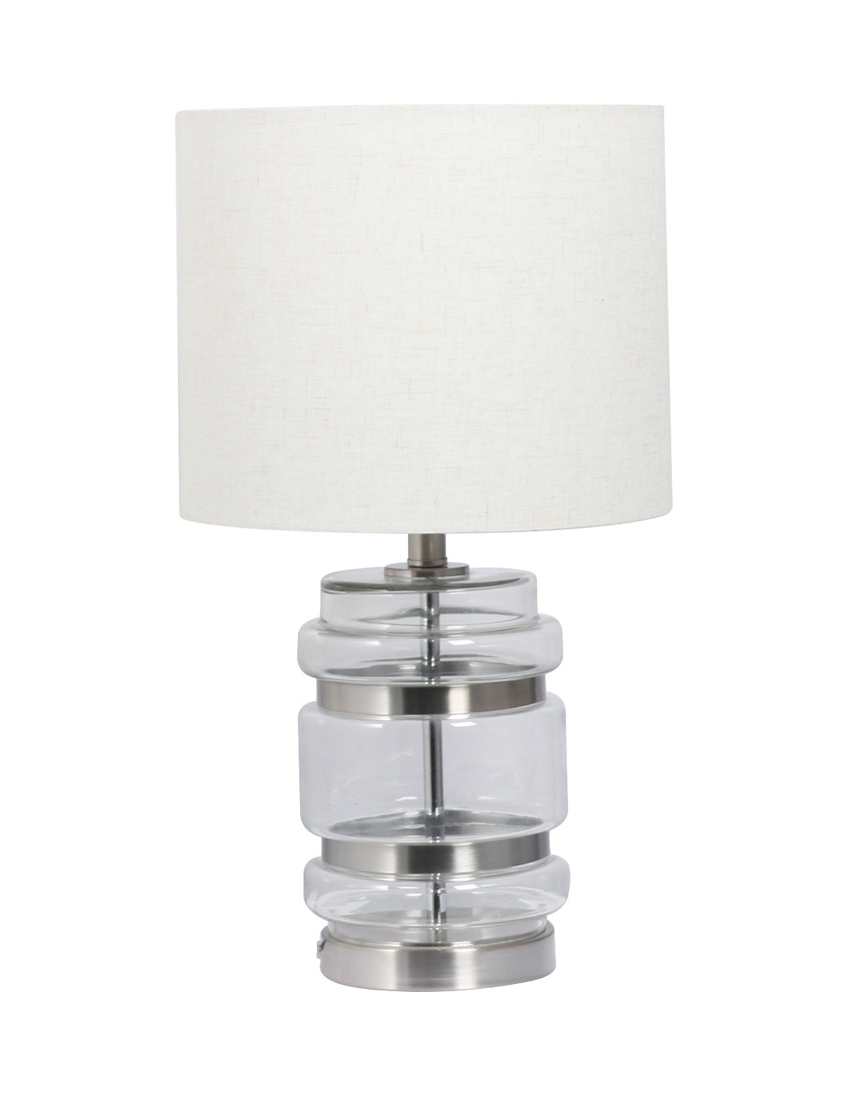 HAR Satin Chrome & Glass Table Lamp with Cream Linen Shade - ID 13328