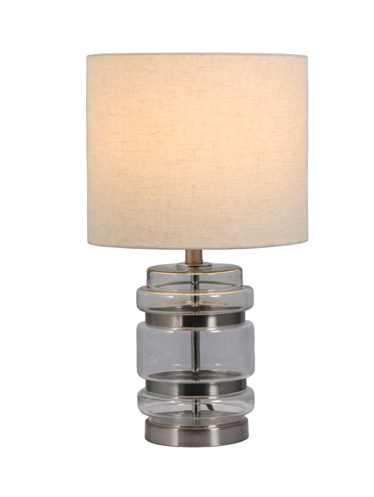 HAR Satin Chrome & Glass Table Lamp with Cream Linen Shade - ID 13328