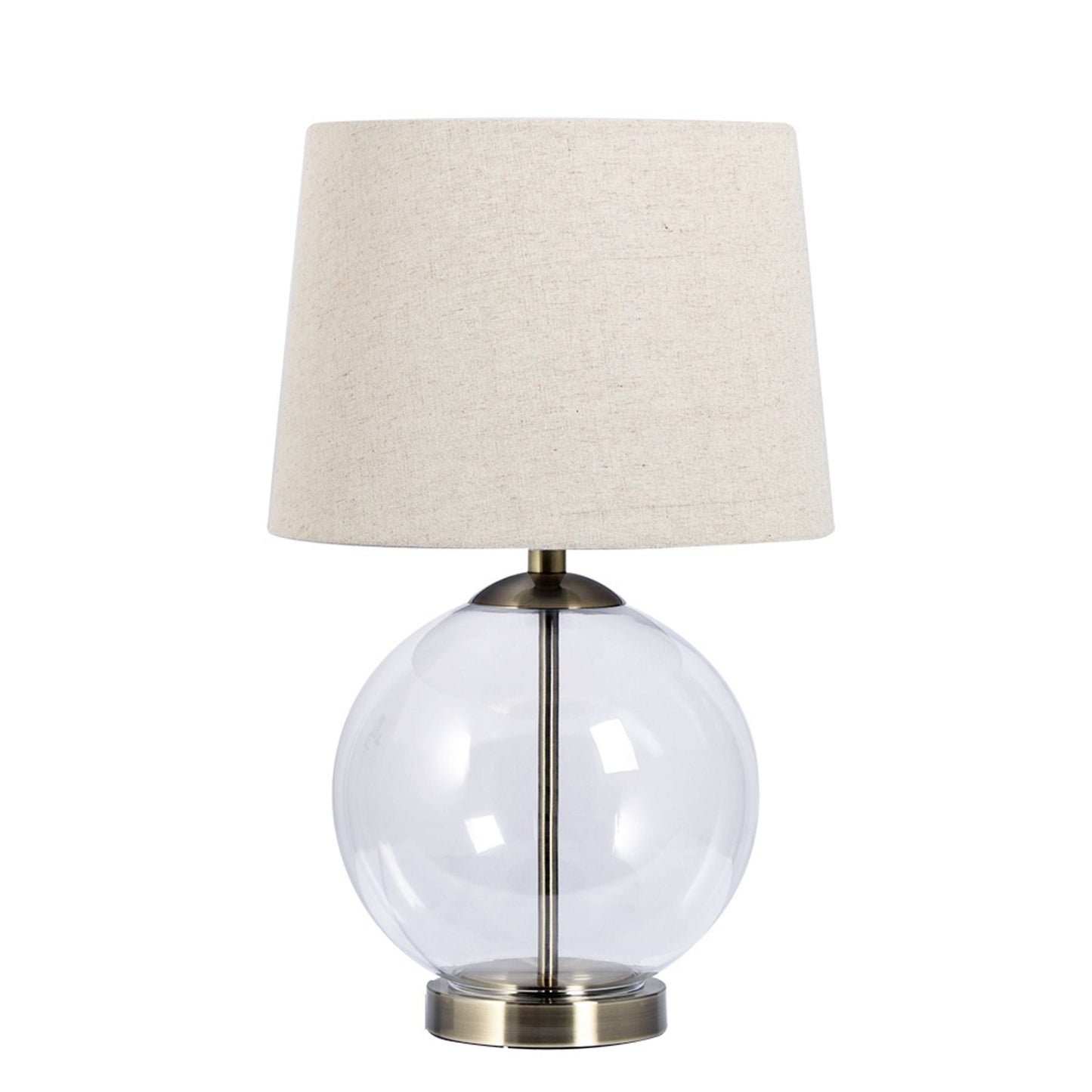 LEW Antique Brass & Glass Table Lamp with Cream Linen Shade - ID 13326