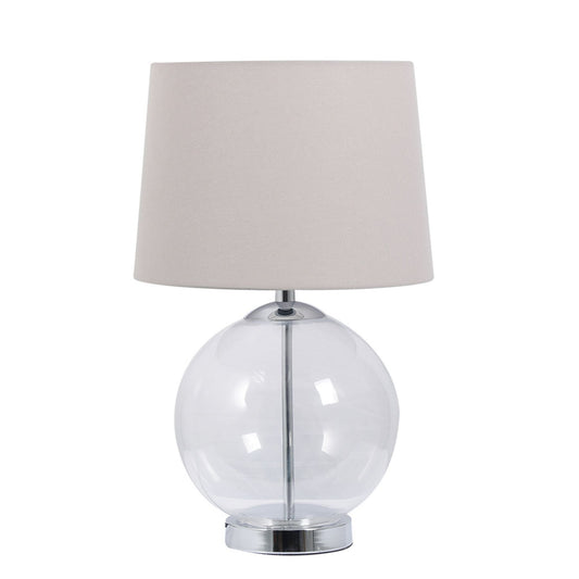 LEW Polished Chrome & Glass Table Lamp with Cream Linen Shade - ID 13325